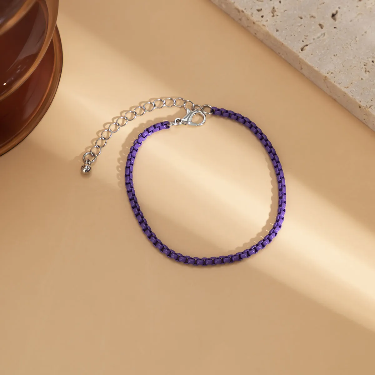 Dark Purple Enamel & Silver-Plated Chain Bracelet