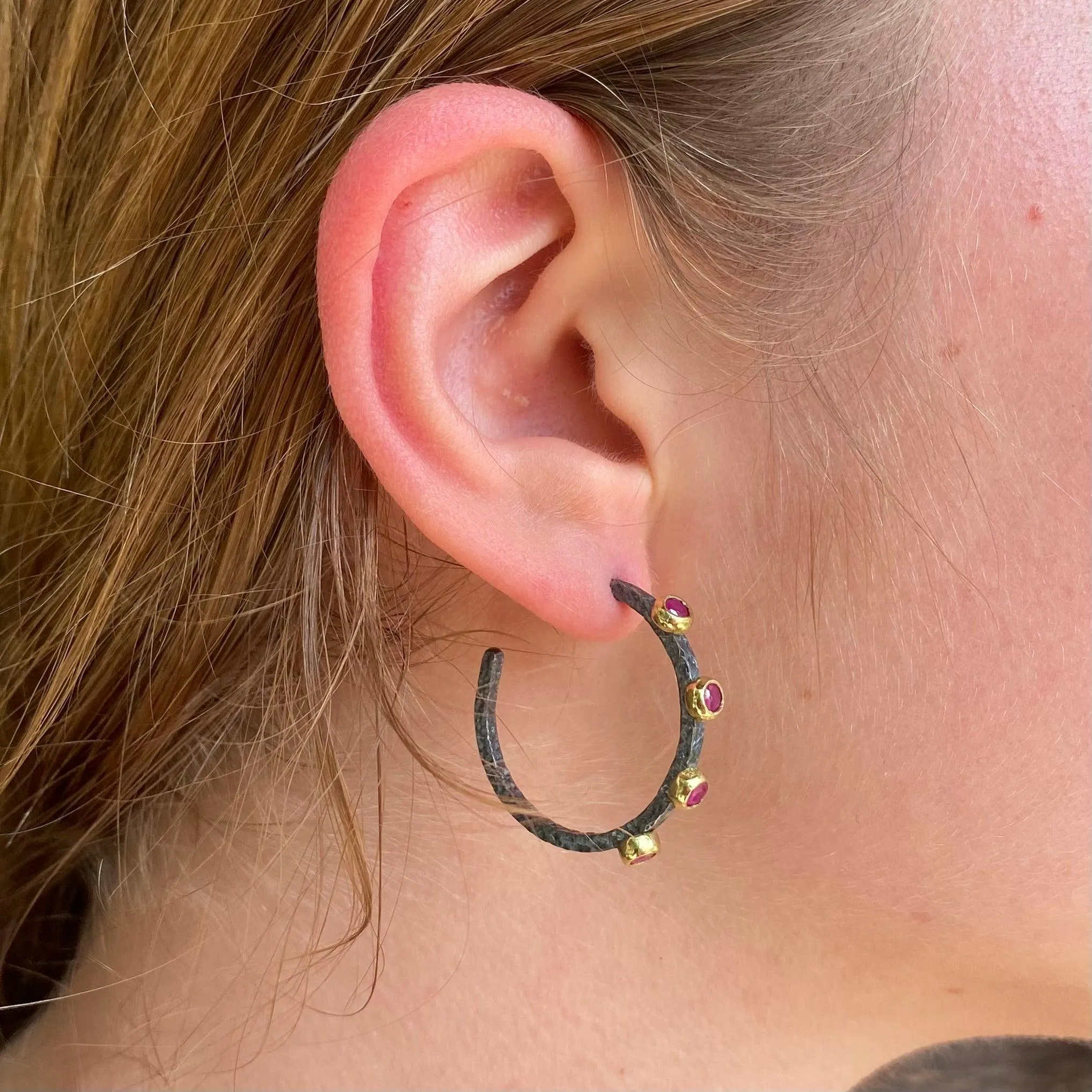 Designer Ruby Mixed Metal Silver Hoops