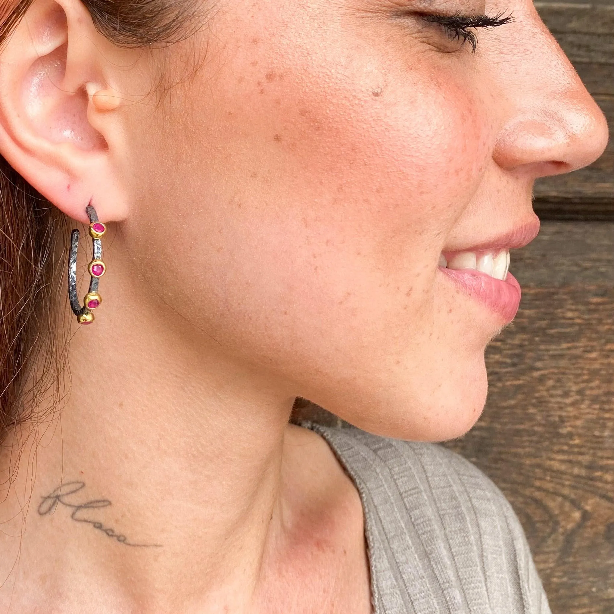 Designer Ruby Mixed Metal Silver Hoops