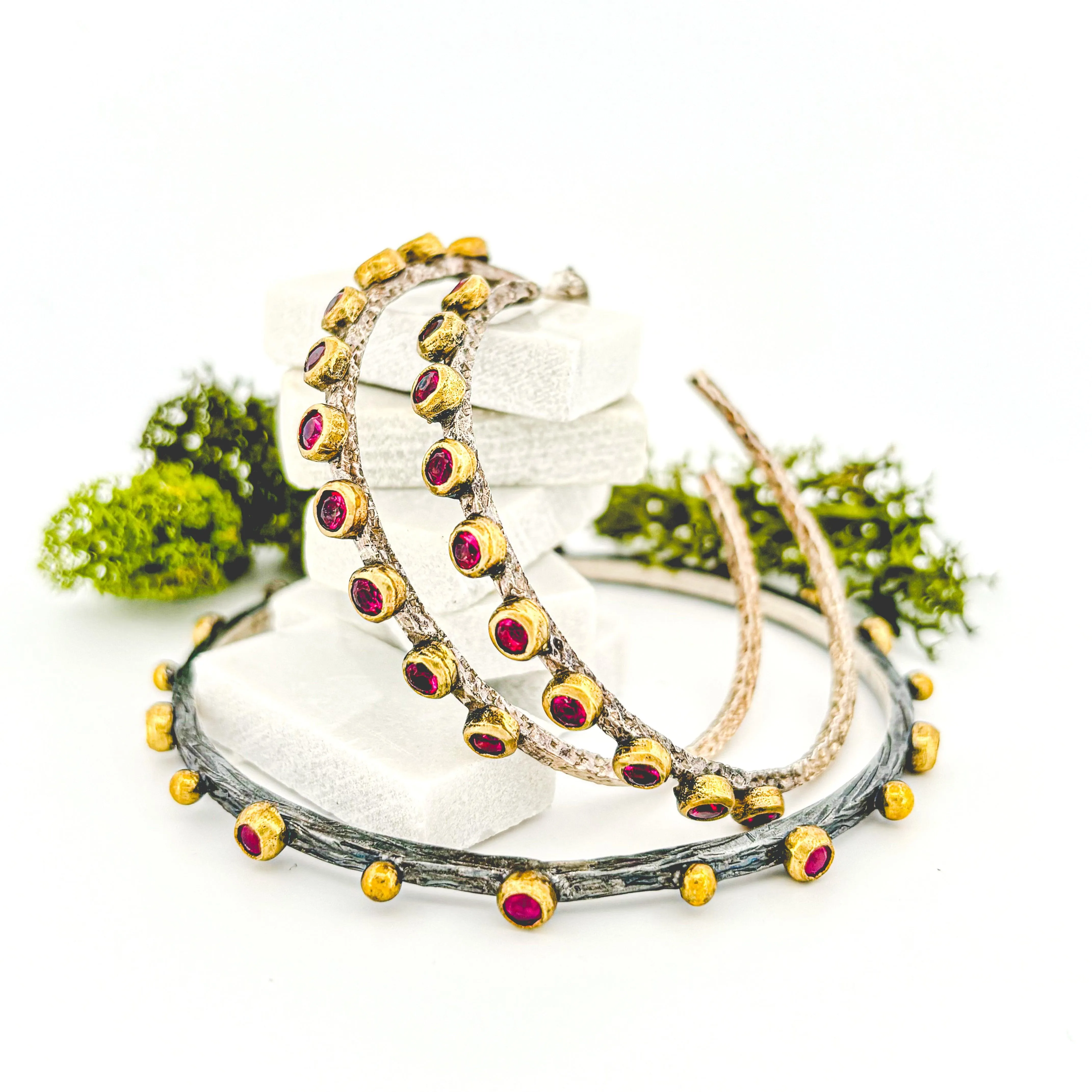 Designer Ruby Mixed Metal Silver Hoops
