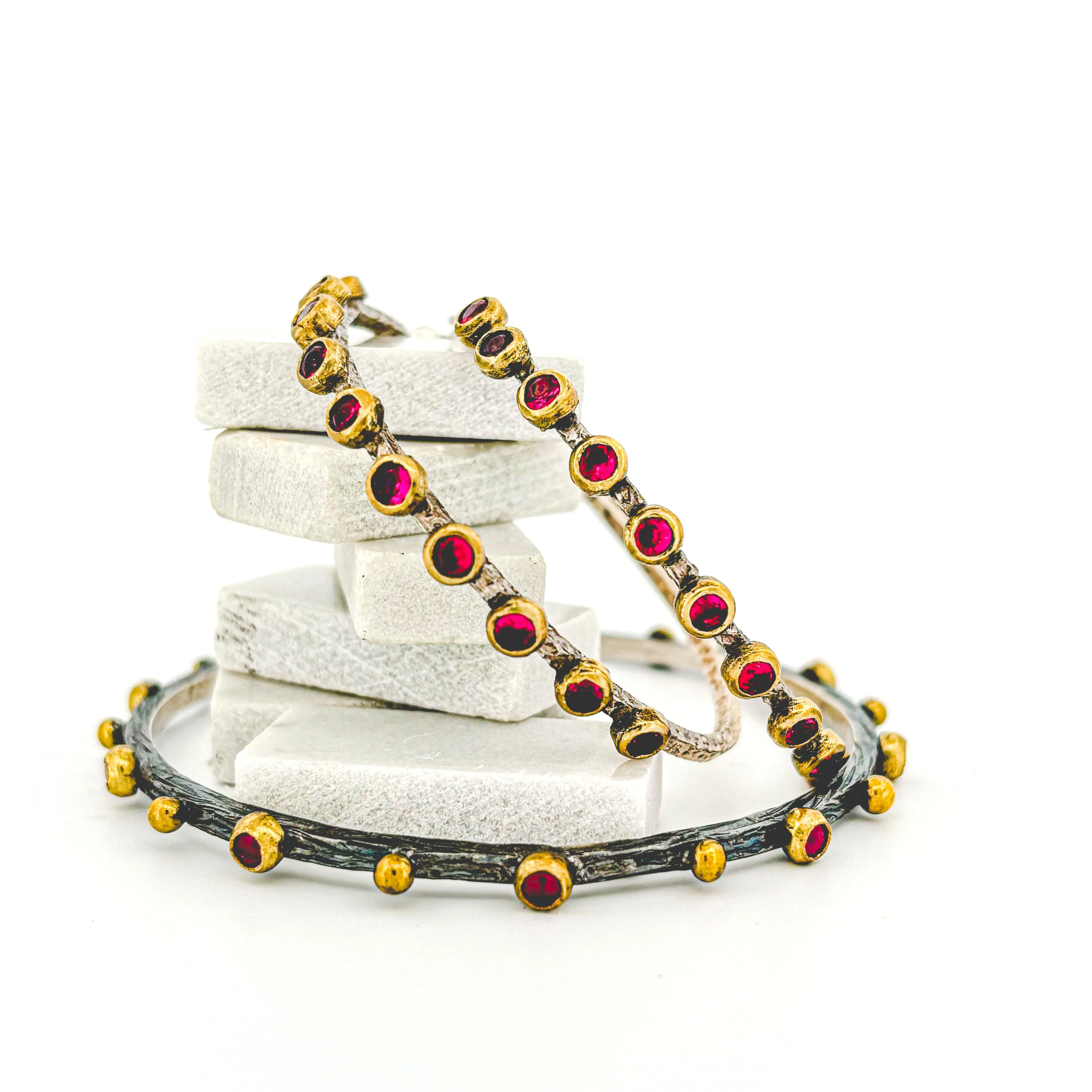 Designer Ruby Mixed Metal Silver Hoops