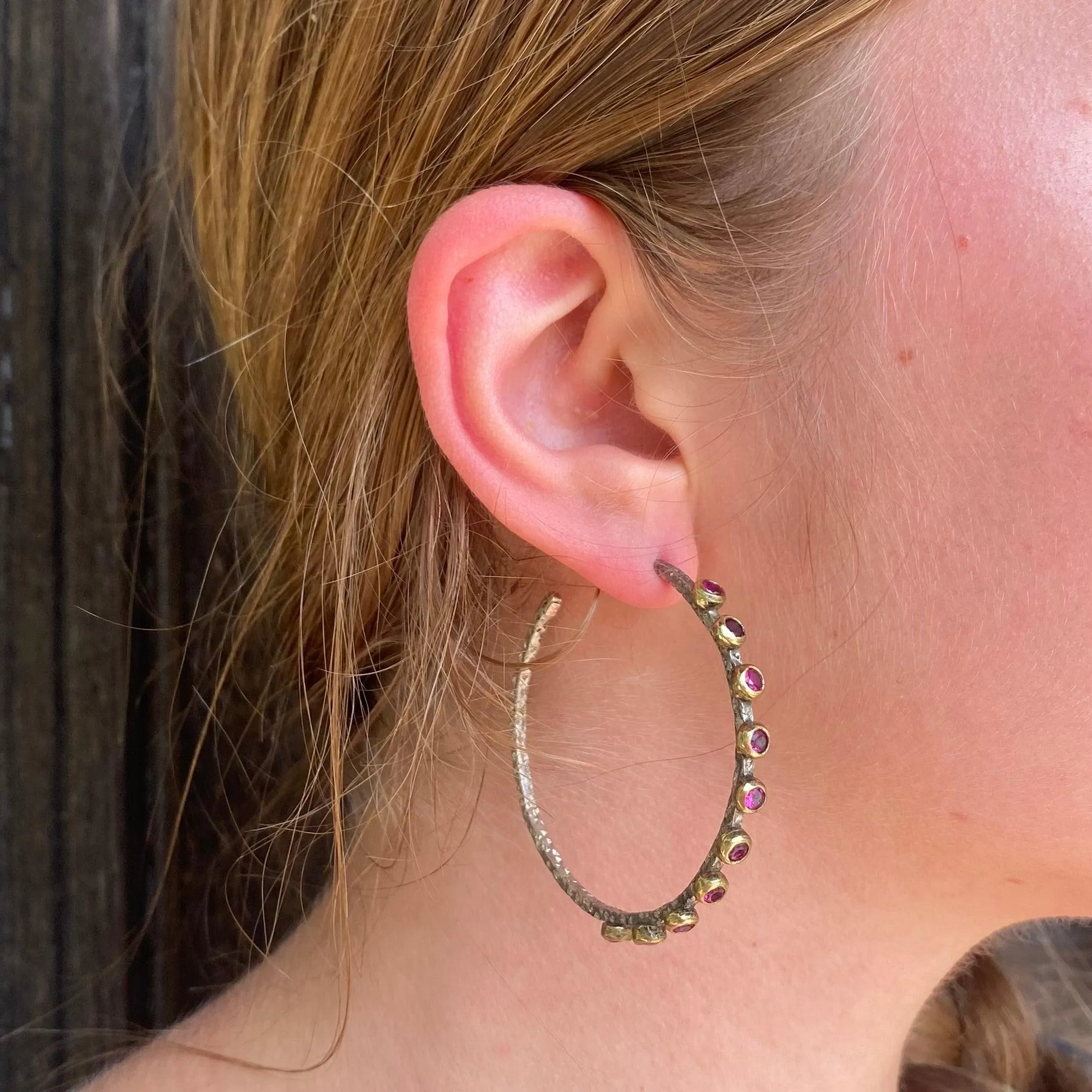 Designer Ruby Mixed Metal Silver Hoops