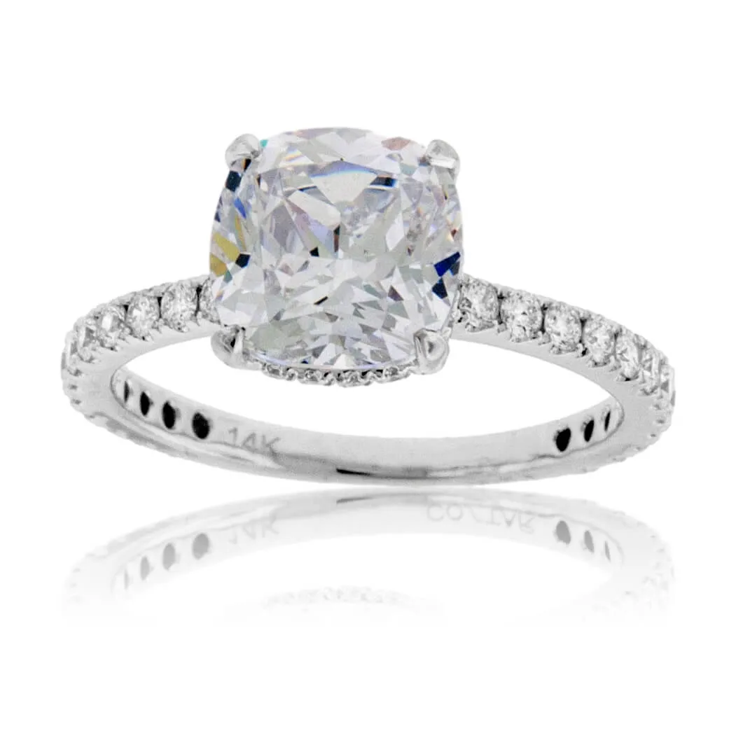 Diamond & Cushion CZ Center Stone Engagement Ring with Hidden Halo