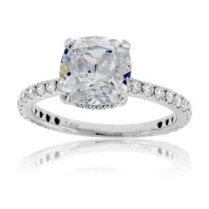 Diamond & Cushion CZ Center Stone Engagement Ring with Hidden Halo