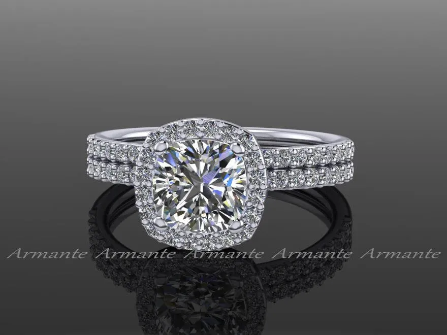 Diamond Halo Bridal Ring Set Forever One Moissanite Rings