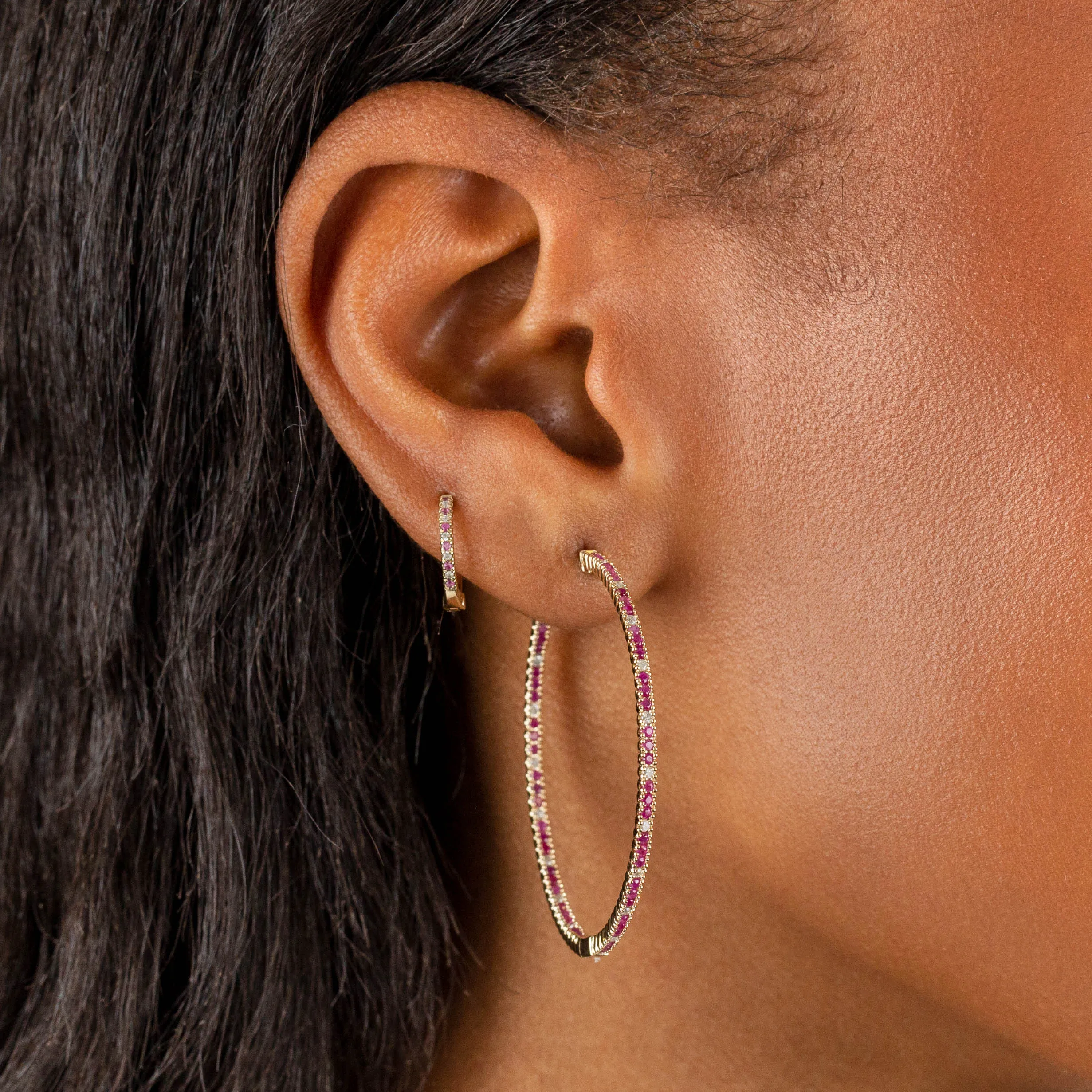 Diamond X Ruby Huggie Earring 14K