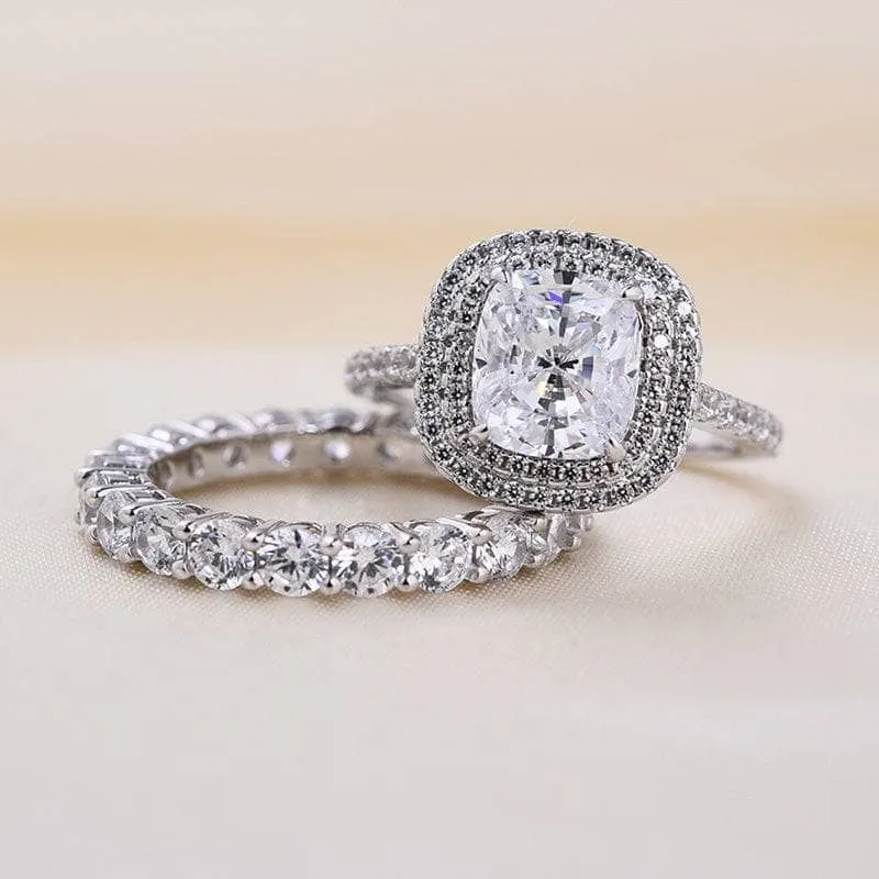Double Halo 3.0 Carat Cushion Cut Wedding Ring Set