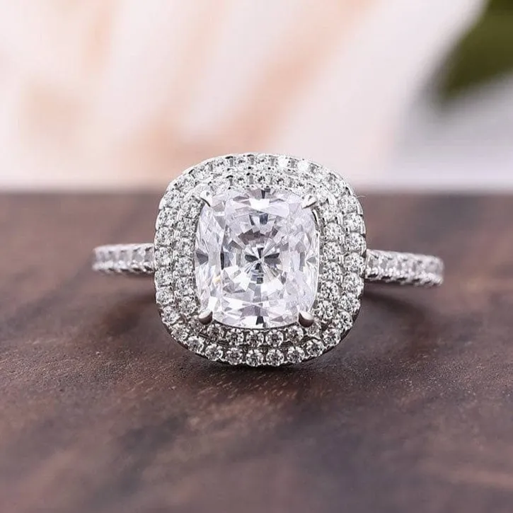 Double Halo 3.0 Carat Cushion Cut Wedding Ring Set