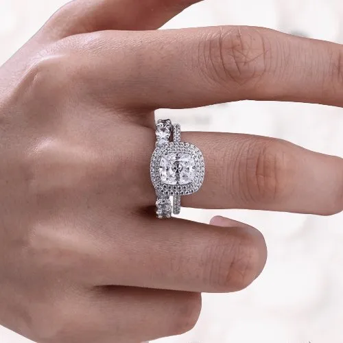 Double Halo 3.0 Carat Cushion Cut Wedding Ring Set