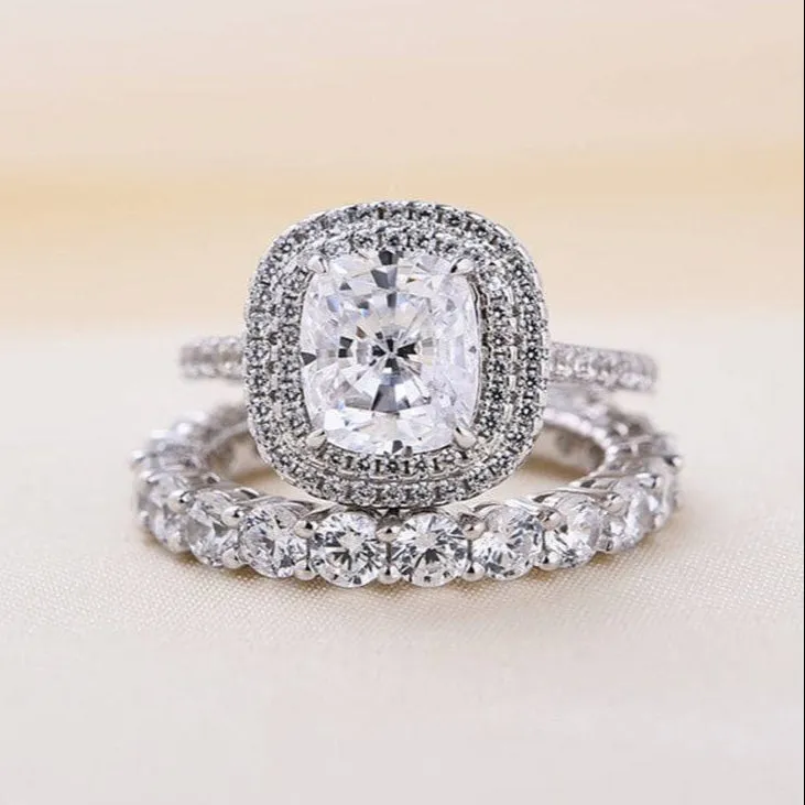 Double Halo 3.0 Carat Cushion Cut Wedding Ring Set