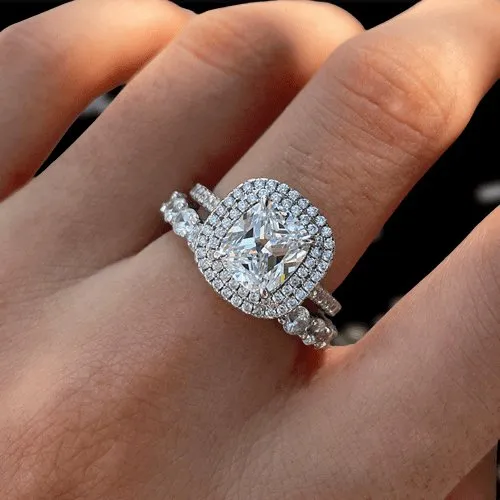 Double Halo 3.0 Carat Cushion Cut Wedding Ring Set