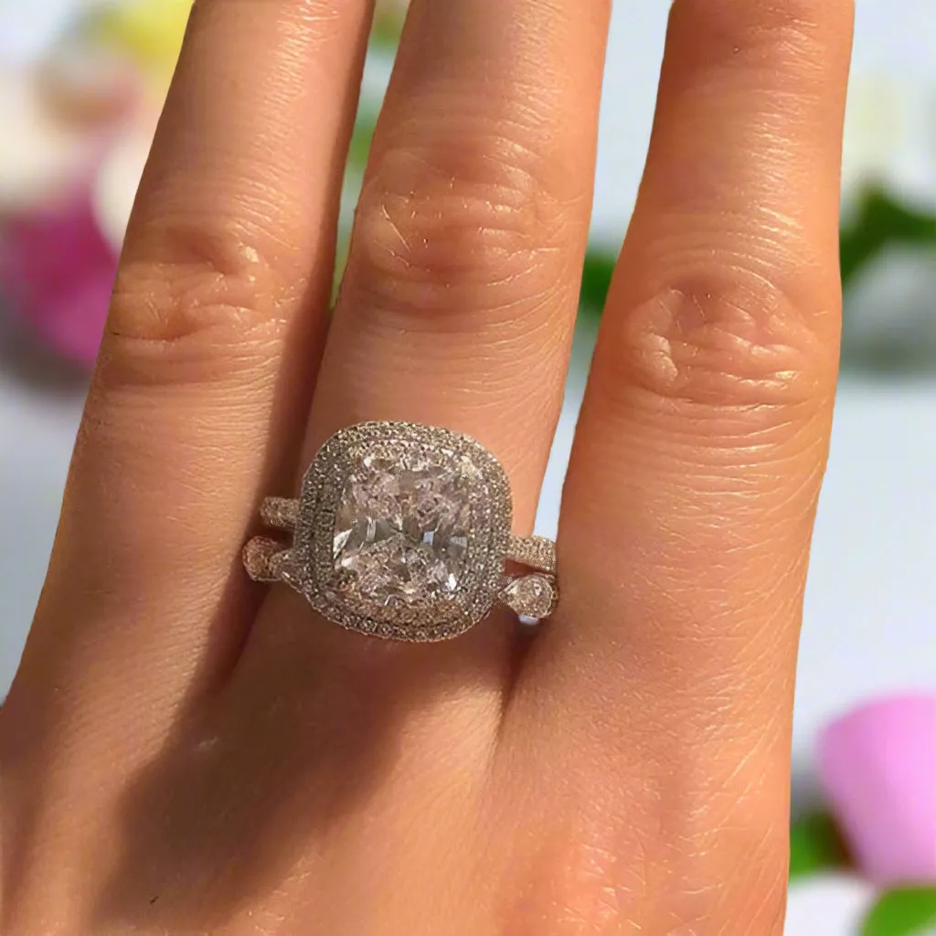 Double Halo Cushion Cut Wedding Ring Set In White Gold