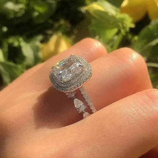 Double Halo Cushion Cut Wedding Ring Set In White Gold