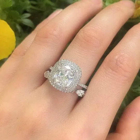 Double Halo Cushion Cut Wedding Ring Set In White Gold