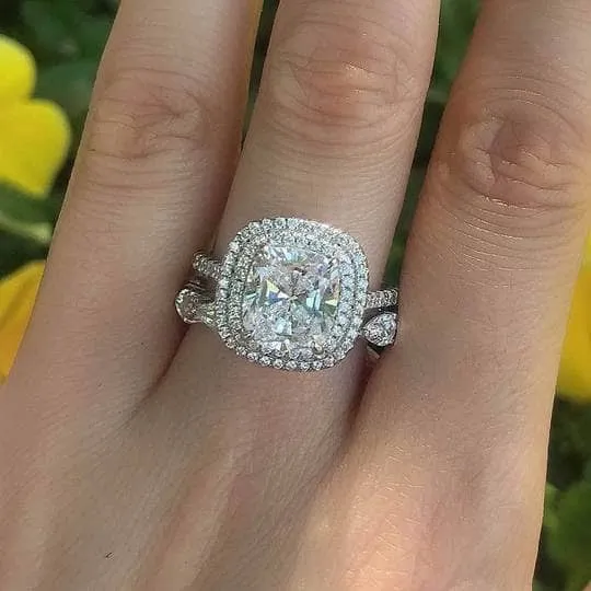 Double Halo Cushion Cut Wedding Ring Set In White Gold