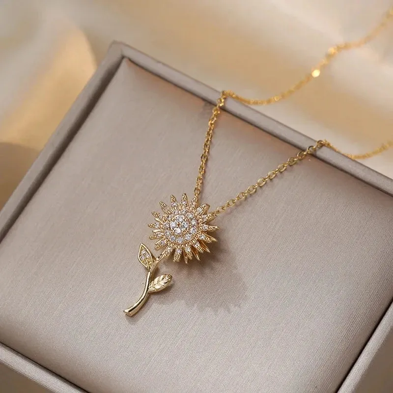 Double-layer Rotatable Sunflower Necklaces Chain Choker