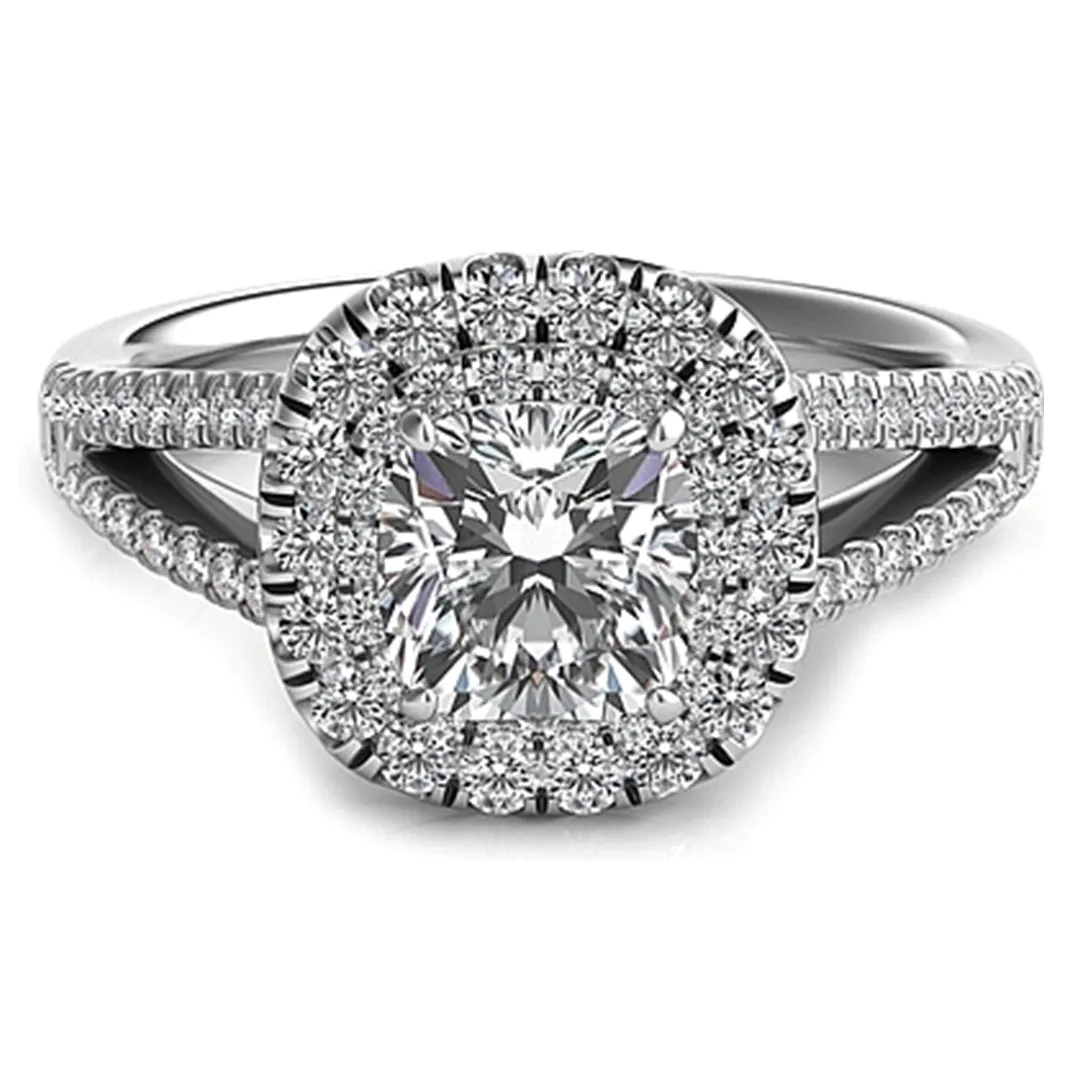 Double Row Cushion Halo Split Shank Engagement Ring