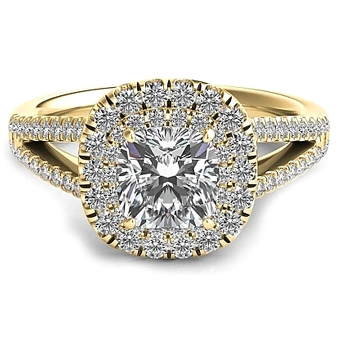 Double Row Cushion Halo Split Shank Engagement Ring