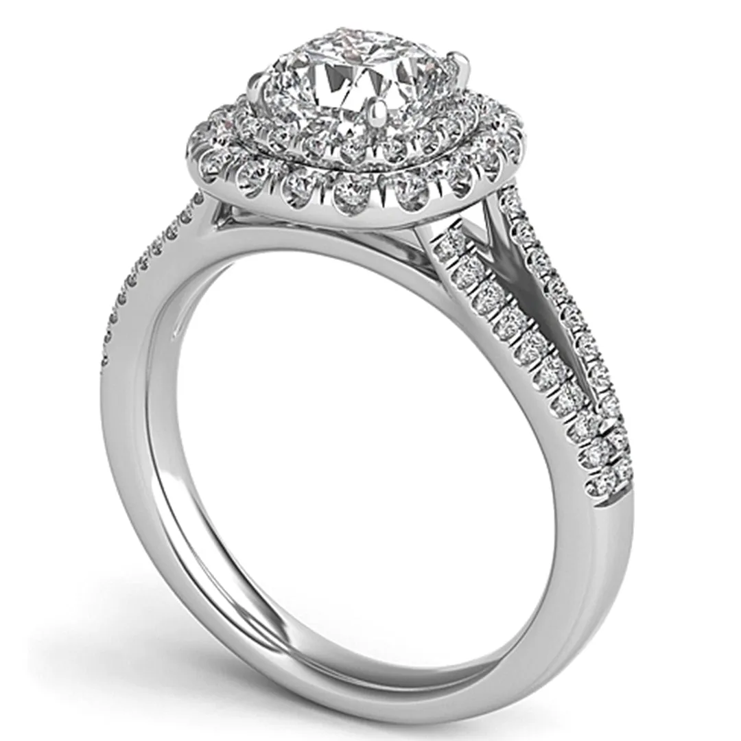Double Row Cushion Halo Split Shank Engagement Ring