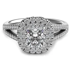 Double Row Cushion Halo Split Shank Engagement Ring