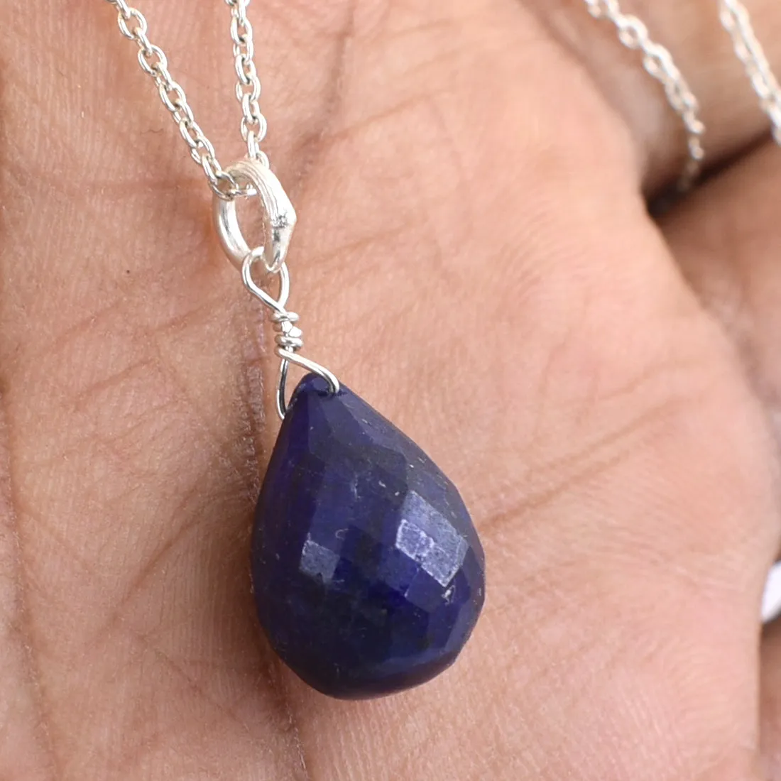 Drop Shape Blue Sapphire Briolite Necklace In 925 Sterling Silver!