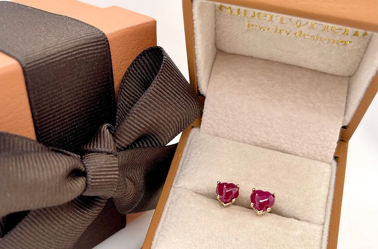 Earrings 14kt Gold & Ruby Cabochon Hearts Studs