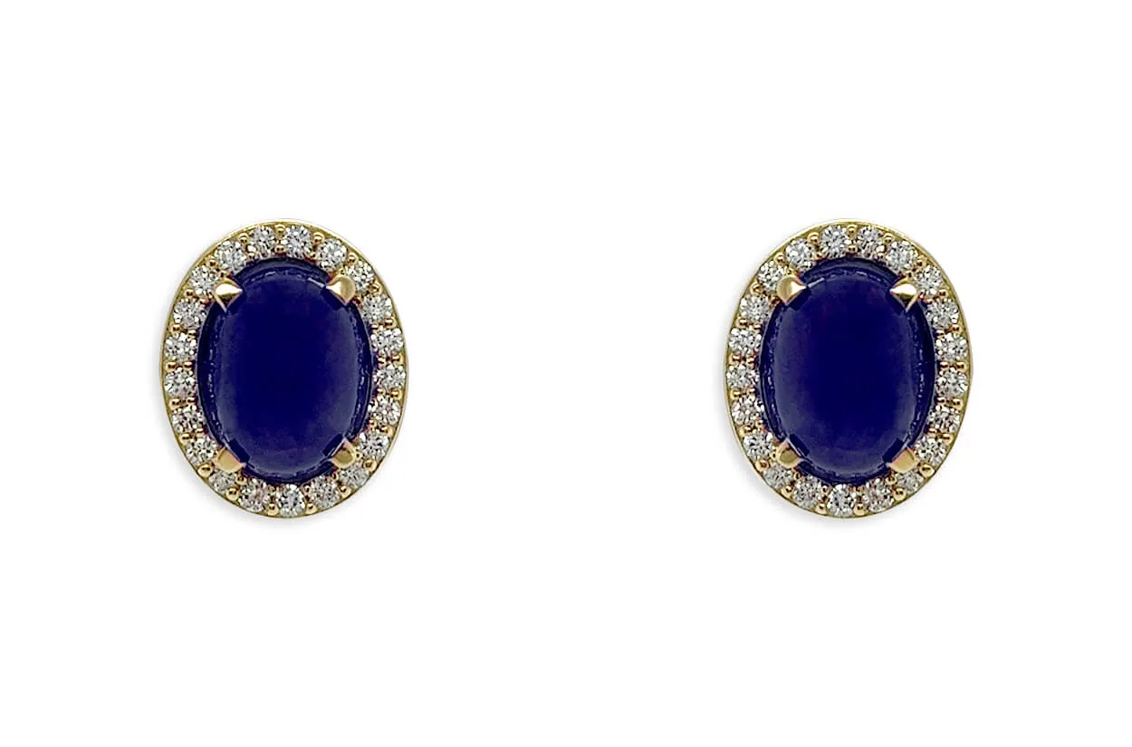 Earrings 18kt Gold Oval Sapphire Cabochons & Diamonds Studs