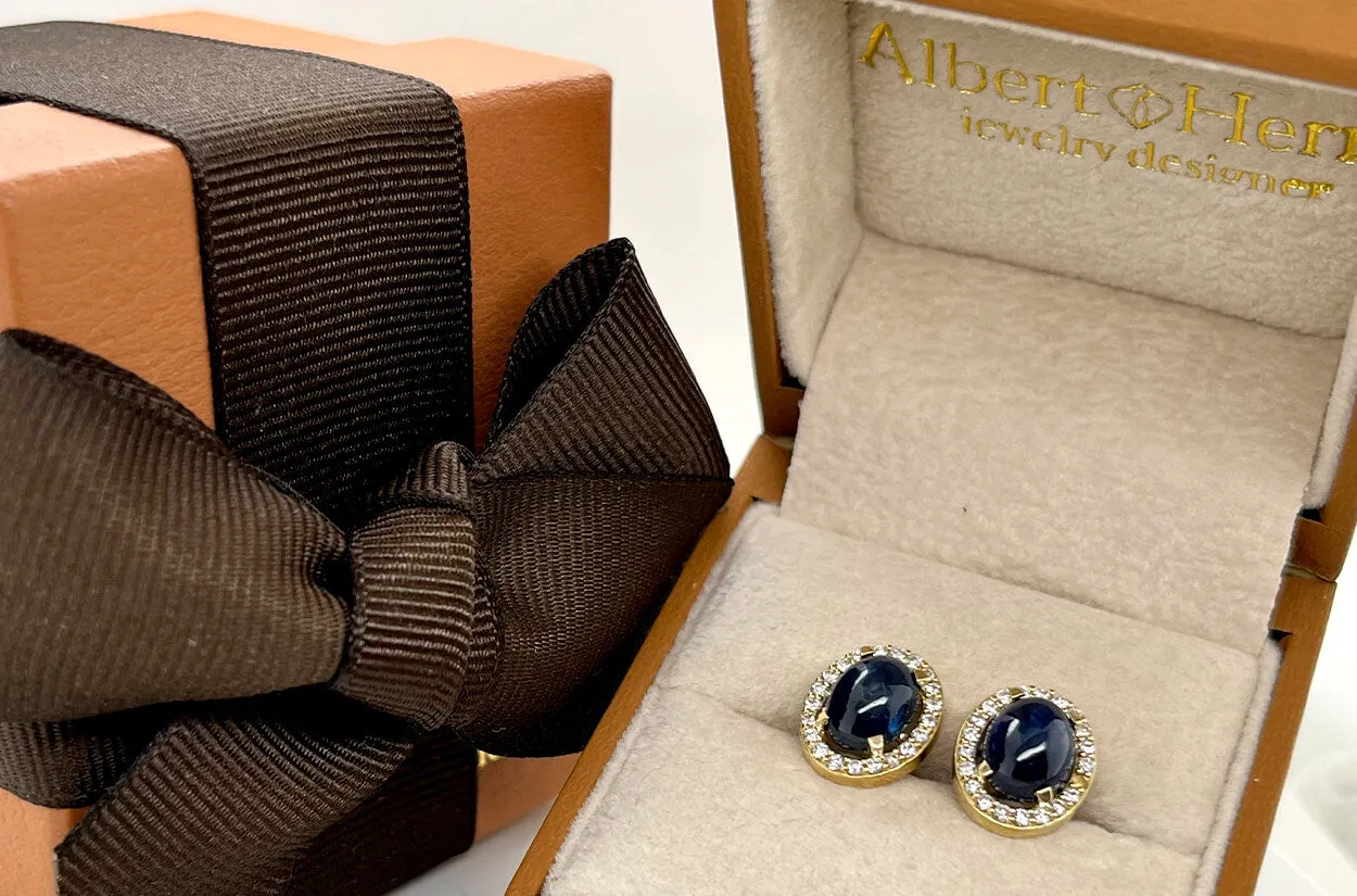 Earrings 18kt Gold Oval Sapphire Cabochons & Diamonds Studs
