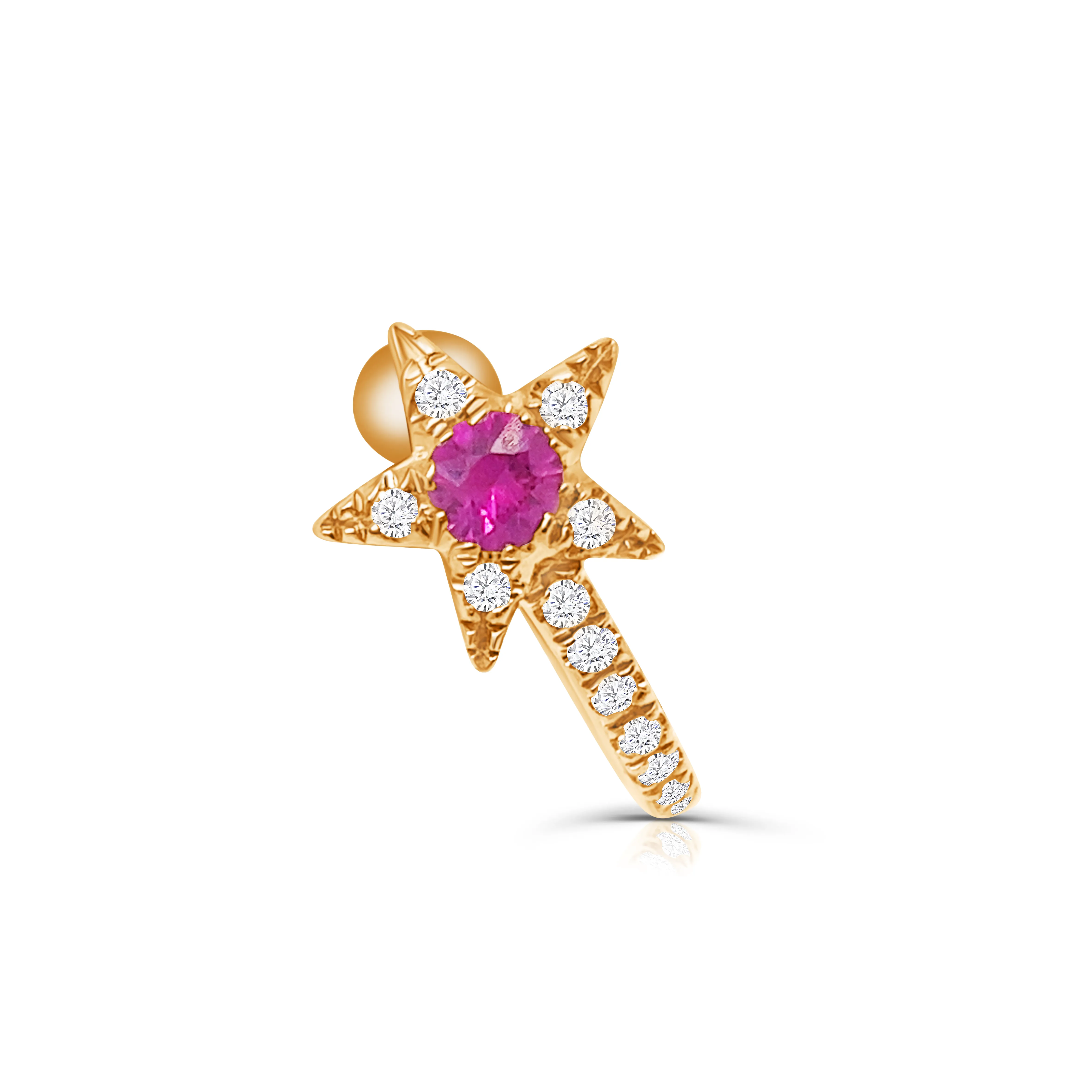 Earrings Huggie Star 14kt Rose Gold Ruby & Diamonds