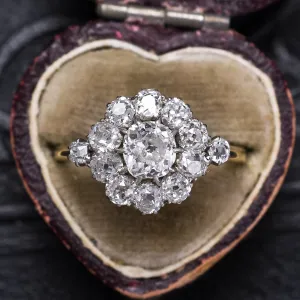 Edwardian 2.02ct Old Mine Cut Diamond Cluster Ring