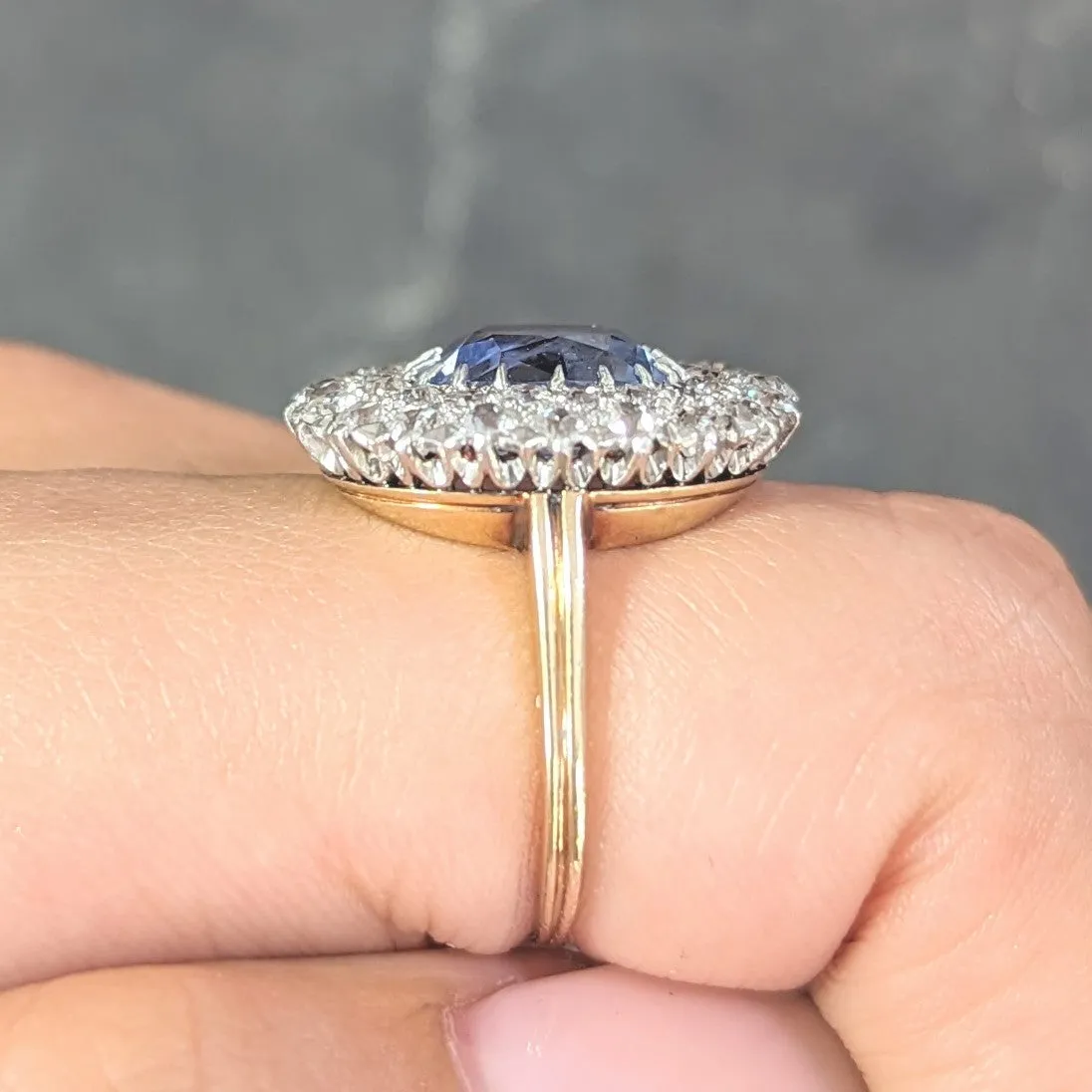 Edwardian 5.79 CTW No Heat Ceylon Sapphire Diamond Platinum 14 Karat Gold Double Halo Antique Ring GIA