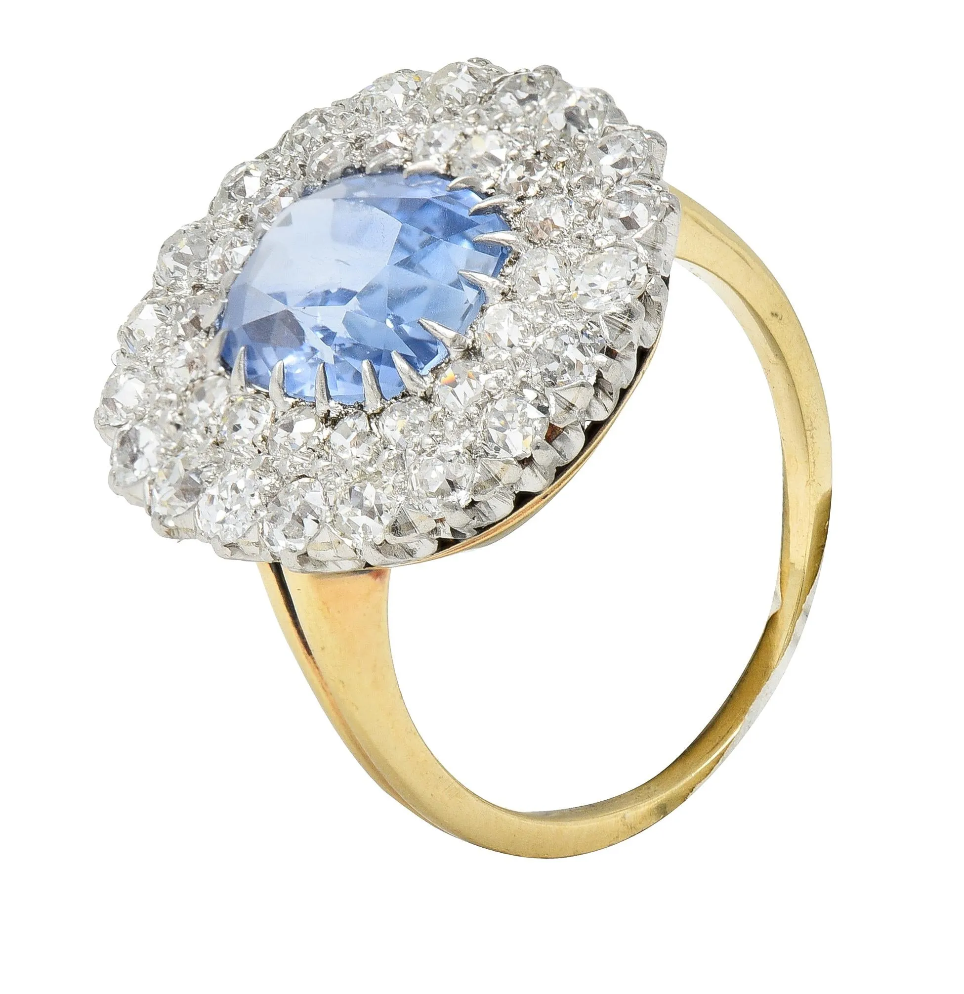 Edwardian 5.79 CTW No Heat Ceylon Sapphire Diamond Platinum 14 Karat Gold Double Halo Antique Ring GIA