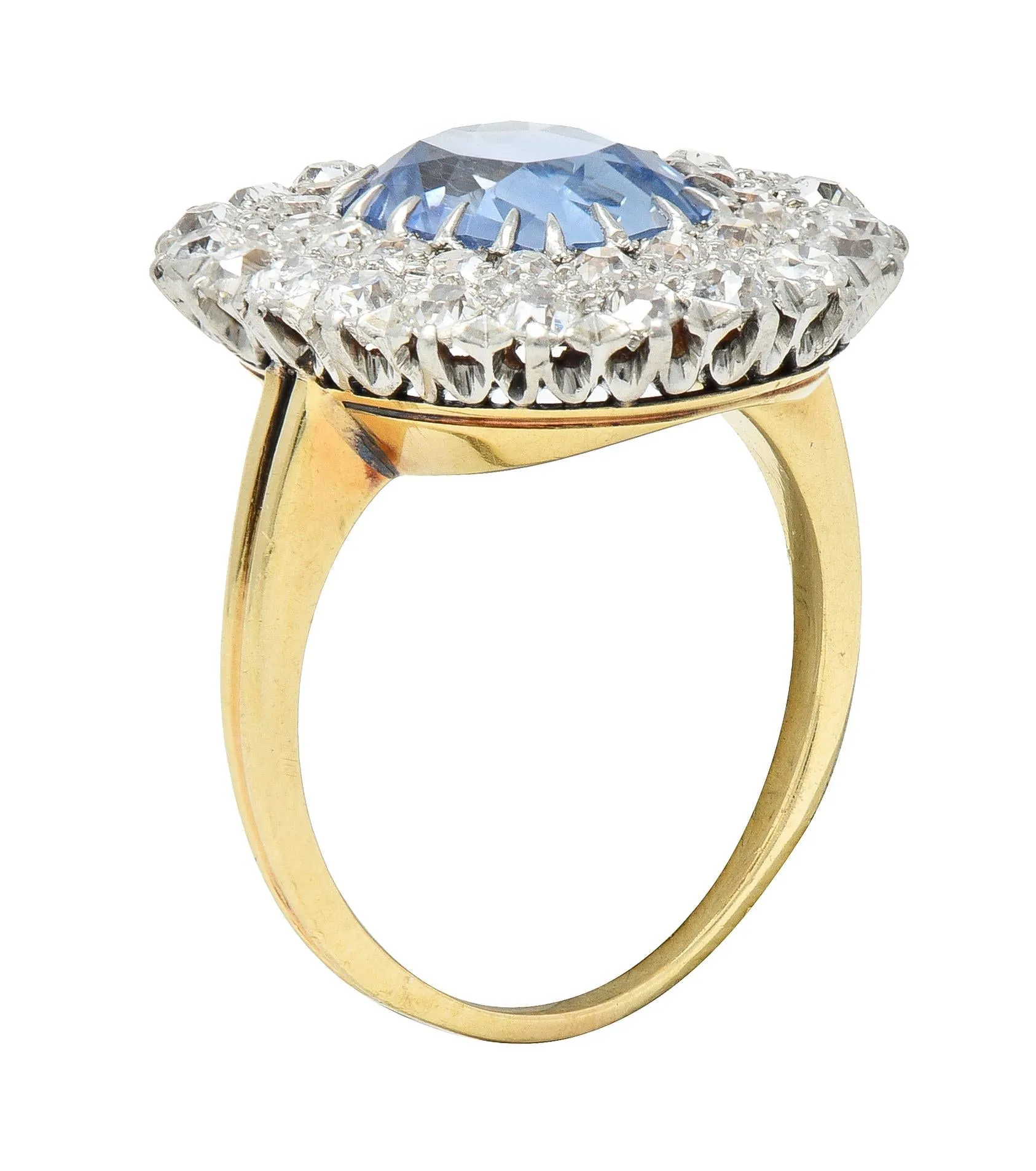 Edwardian 5.79 CTW No Heat Ceylon Sapphire Diamond Platinum 14 Karat Gold Double Halo Antique Ring GIA