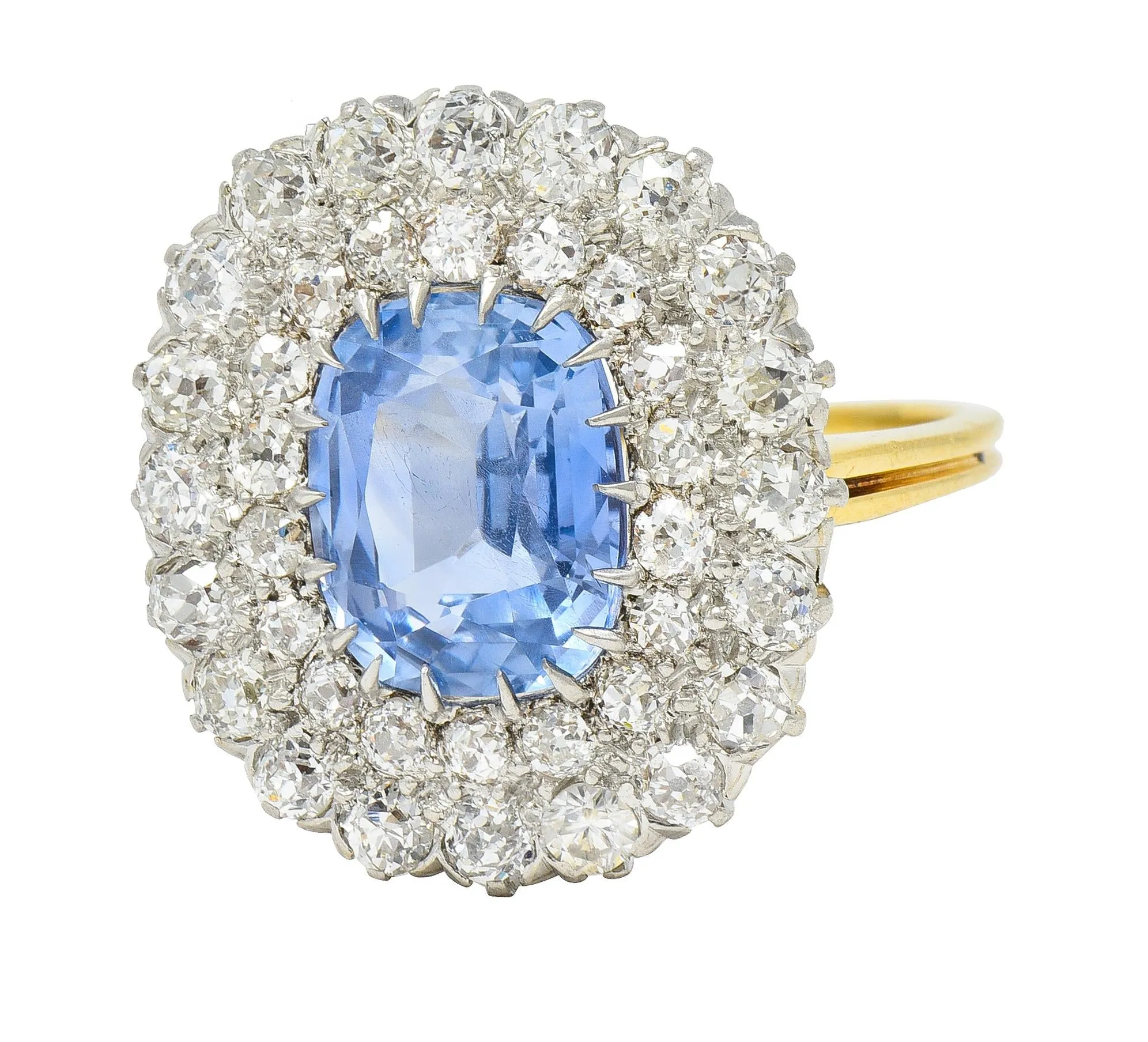 Edwardian 5.79 CTW No Heat Ceylon Sapphire Diamond Platinum 14 Karat Gold Double Halo Antique Ring GIA