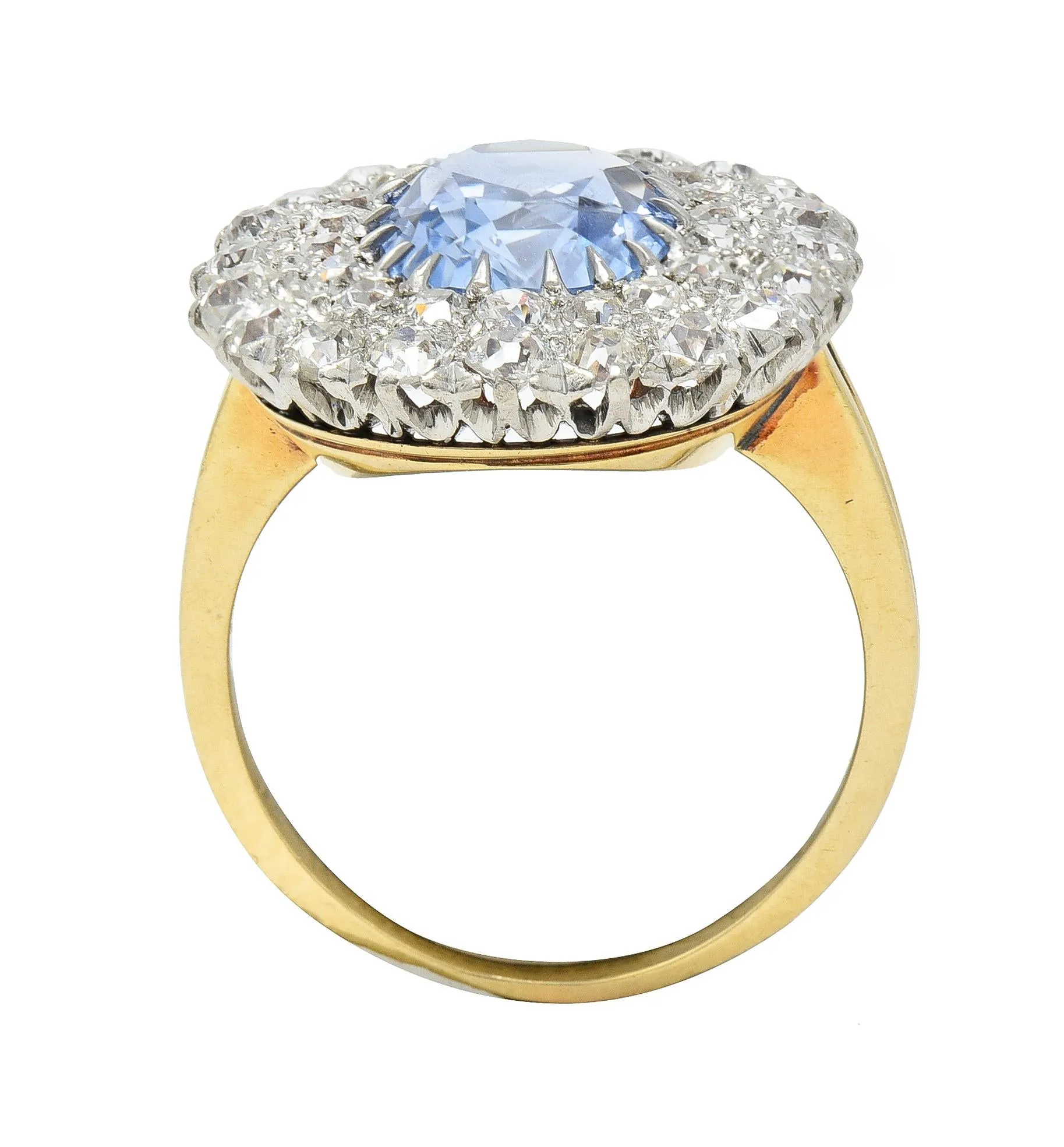 Edwardian 5.79 CTW No Heat Ceylon Sapphire Diamond Platinum 14 Karat Gold Double Halo Antique Ring GIA