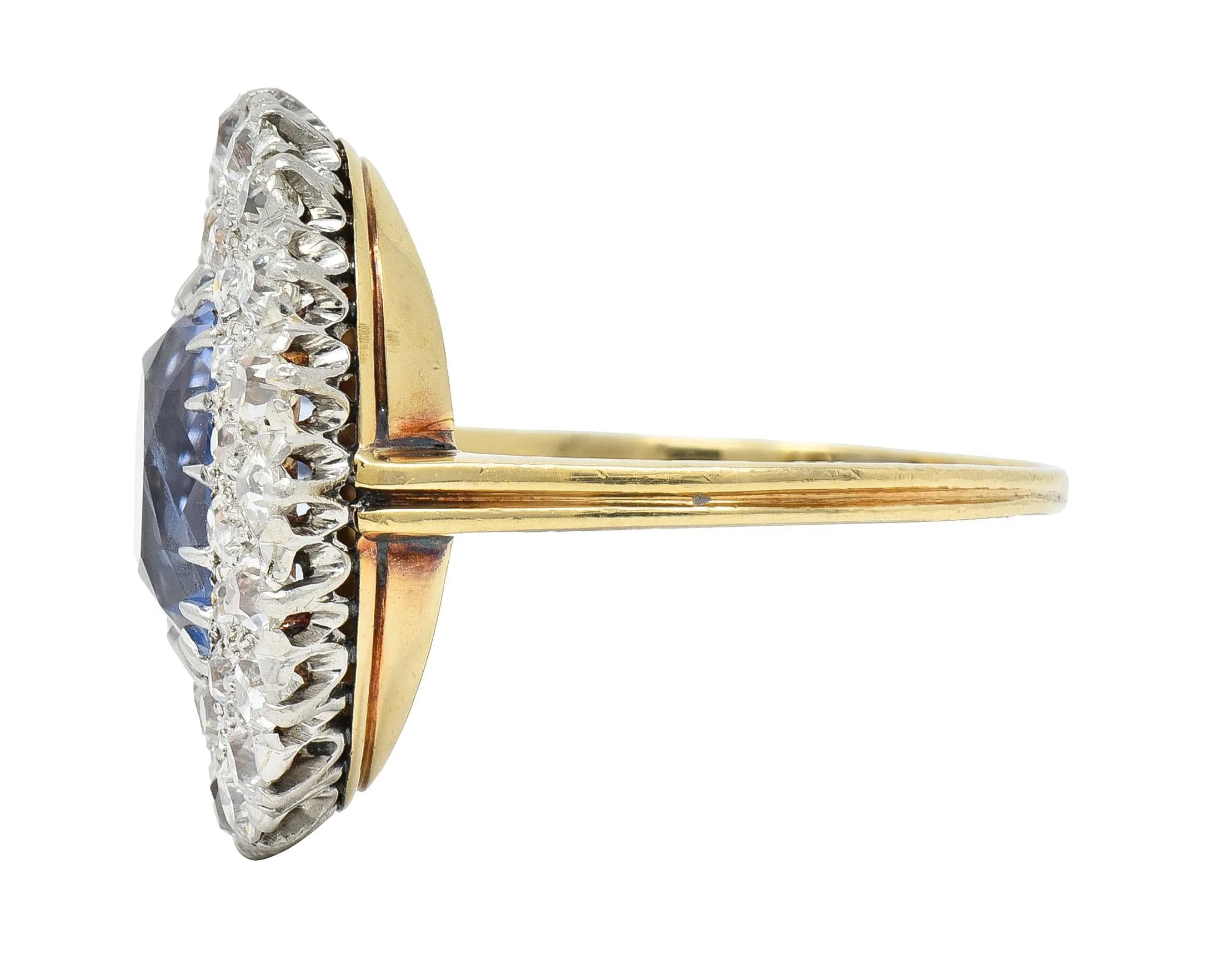 Edwardian 5.79 CTW No Heat Ceylon Sapphire Diamond Platinum 14 Karat Gold Double Halo Antique Ring GIA