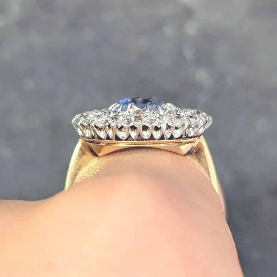 Edwardian 5.79 CTW No Heat Ceylon Sapphire Diamond Platinum 14 Karat Gold Double Halo Antique Ring GIA