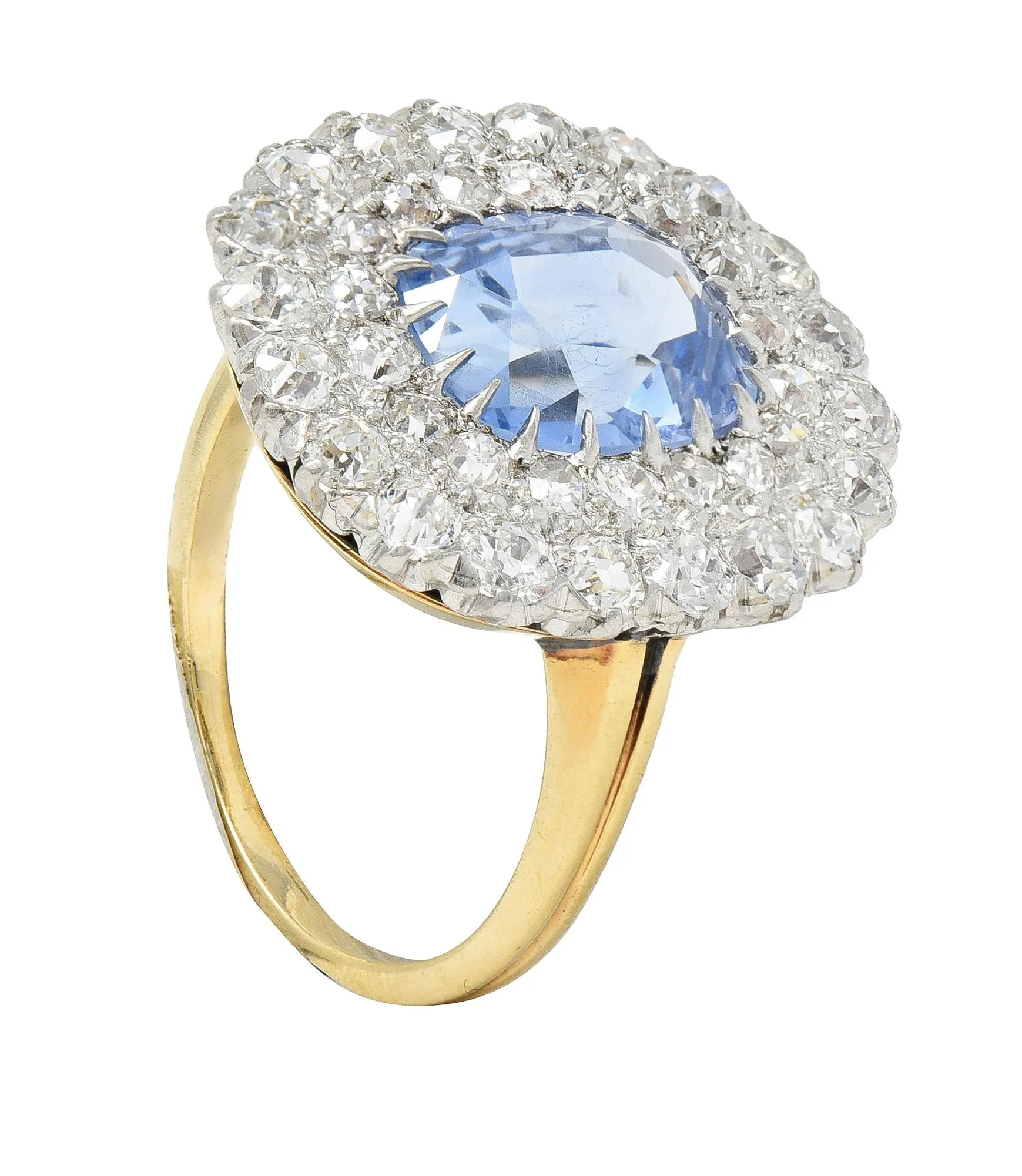 Edwardian 5.79 CTW No Heat Ceylon Sapphire Diamond Platinum 14 Karat Gold Double Halo Antique Ring GIA