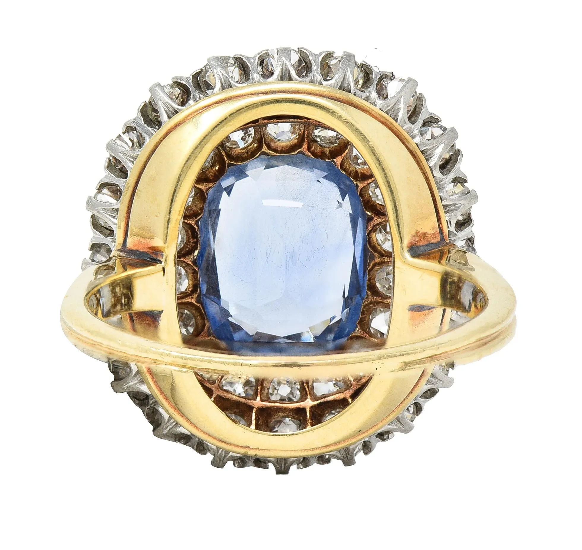 Edwardian 5.79 CTW No Heat Ceylon Sapphire Diamond Platinum 14 Karat Gold Double Halo Antique Ring GIA