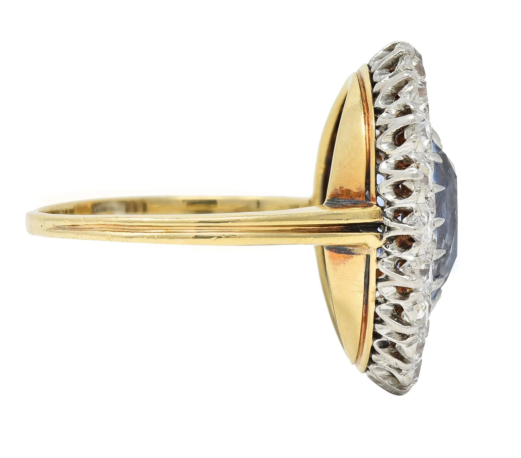 Edwardian 5.79 CTW No Heat Ceylon Sapphire Diamond Platinum 14 Karat Gold Double Halo Antique Ring GIA