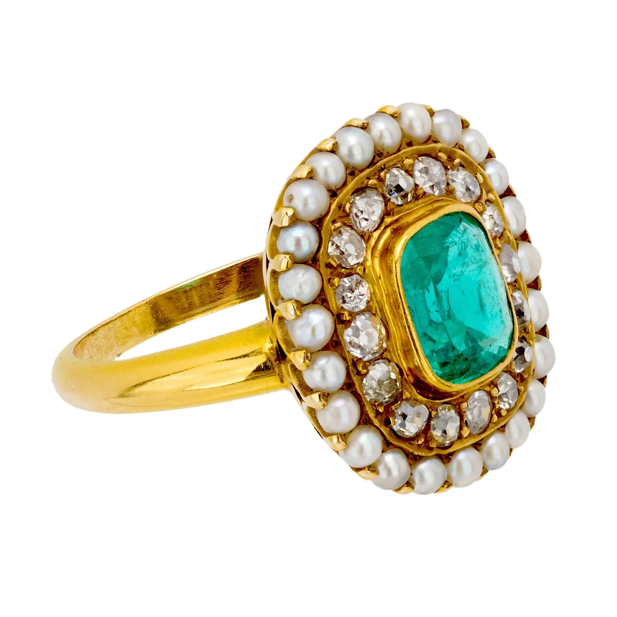 Edwardian GIA 1.15 carat emerald diamond seed pearl 14k yellow gold ring