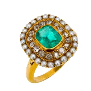 Edwardian GIA 1.15 carat emerald diamond seed pearl 14k yellow gold ring