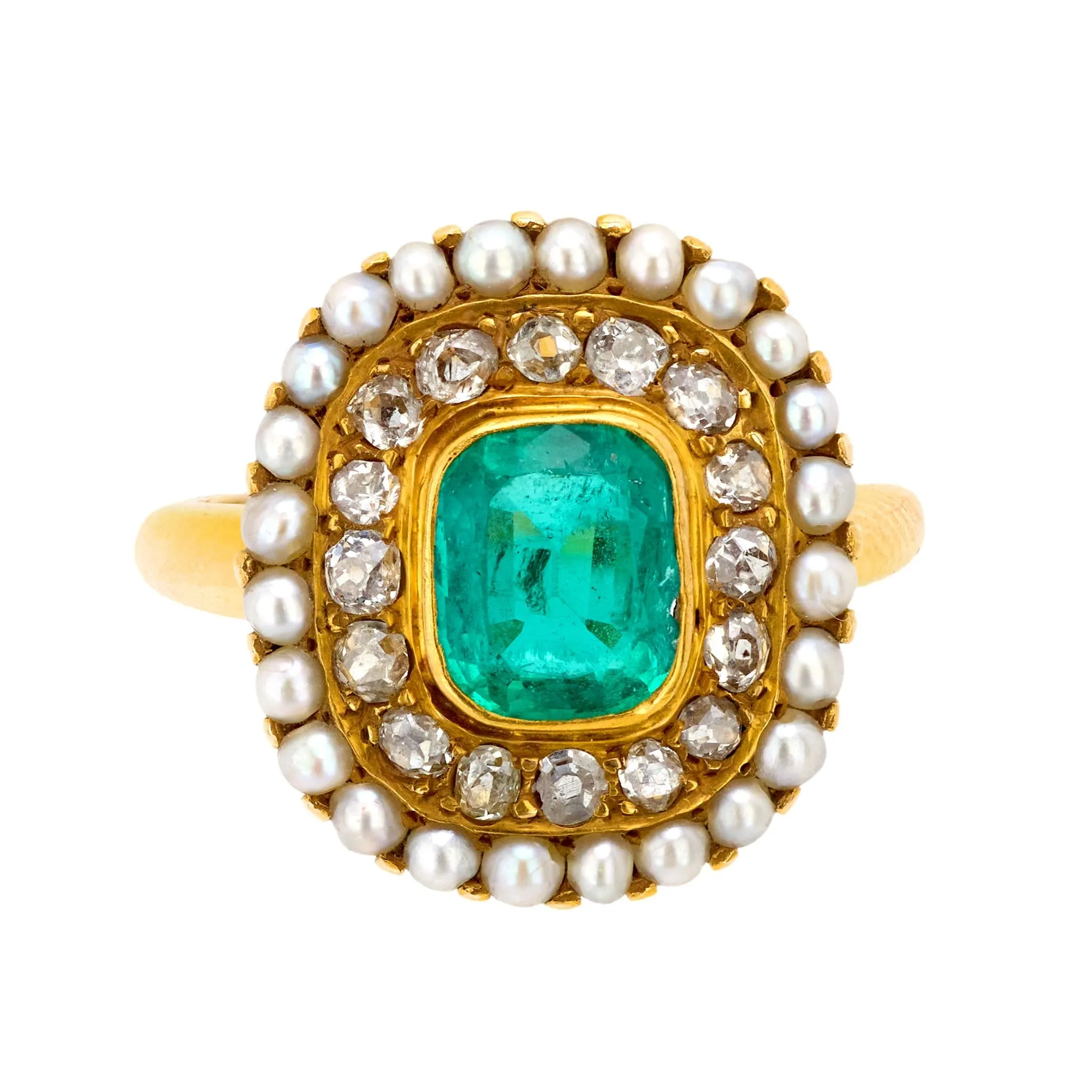 Edwardian GIA 1.15 carat emerald diamond seed pearl 14k yellow gold ring