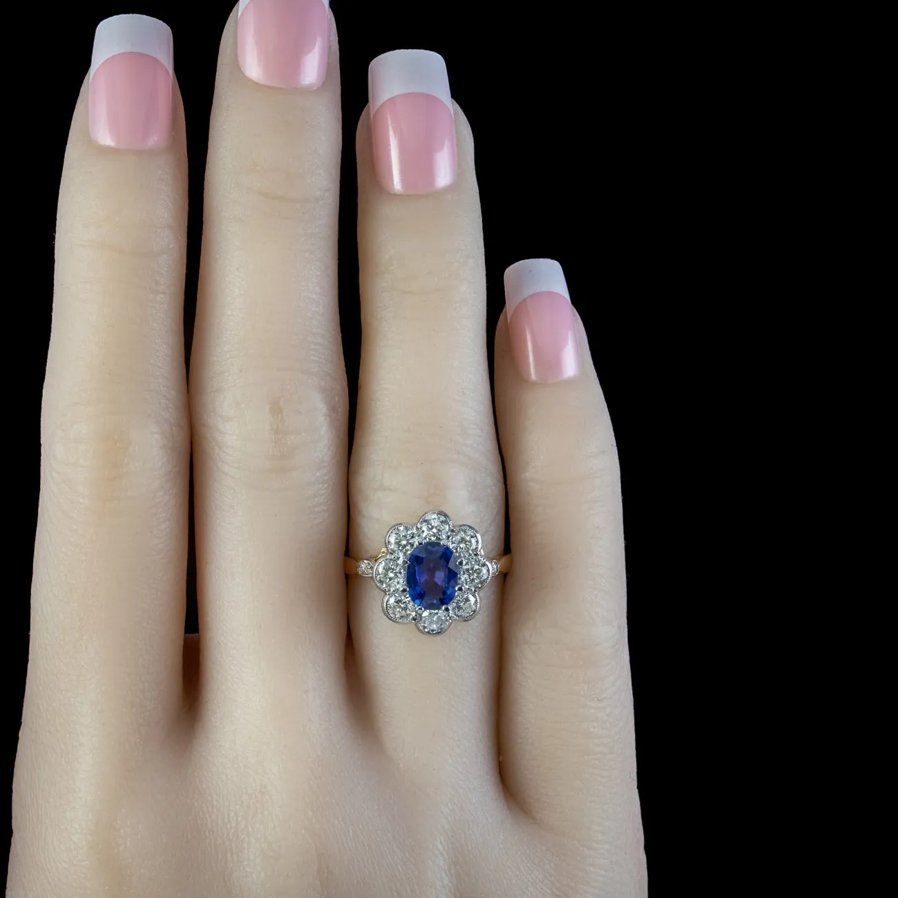 Edwardian Style Sapphire Diamond Cluster Ring 18ct Gold