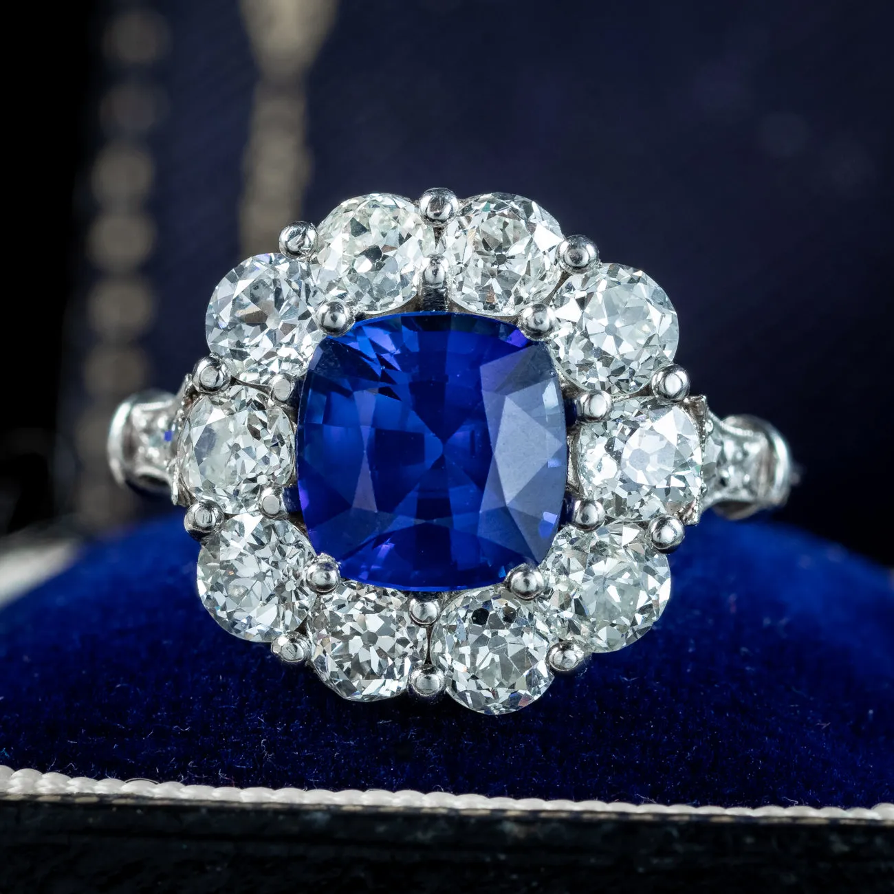 Edwardian Style Sapphire Diamond Cluster Ring 2.42ct Natural Sapphire