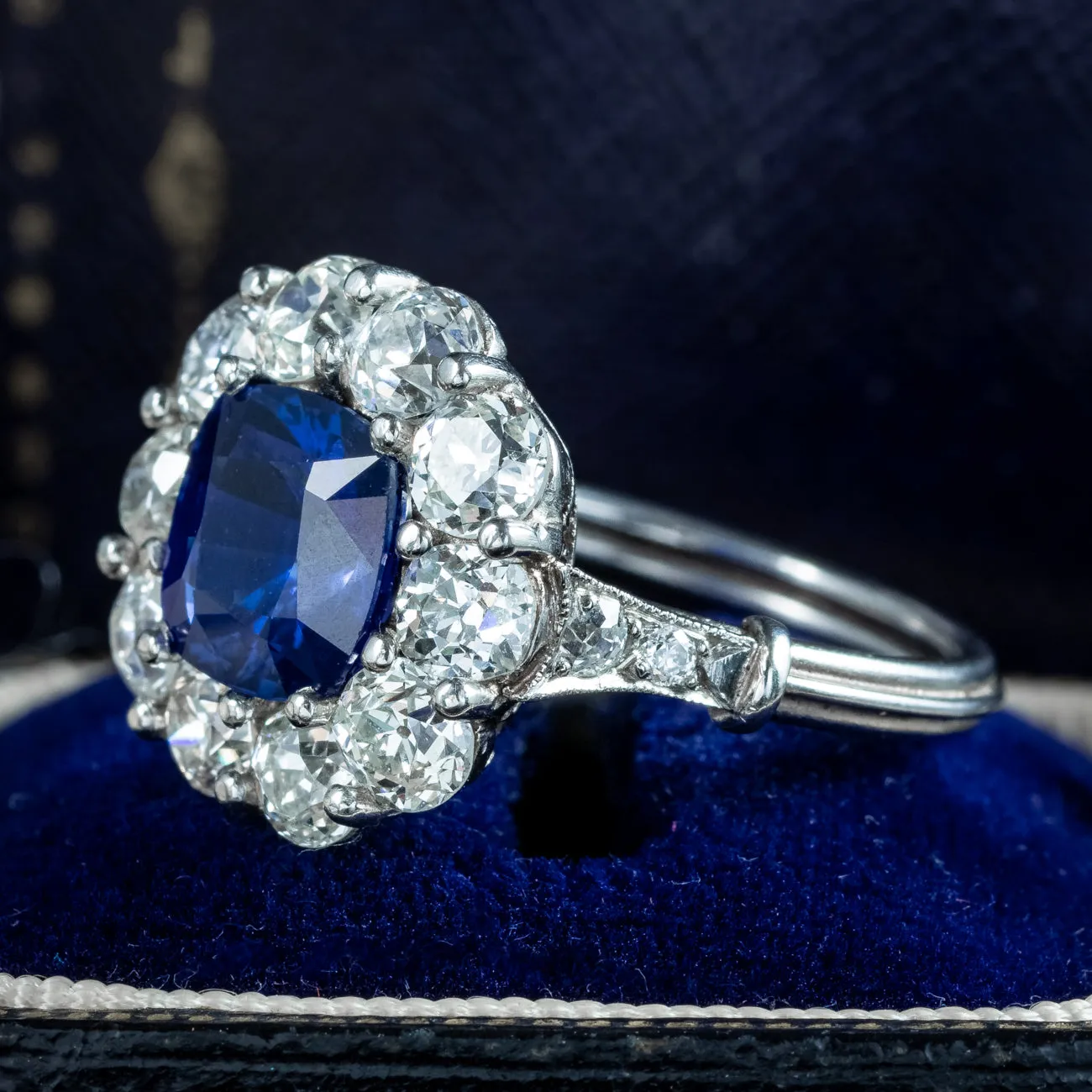 Edwardian Style Sapphire Diamond Cluster Ring 2.42ct Natural Sapphire