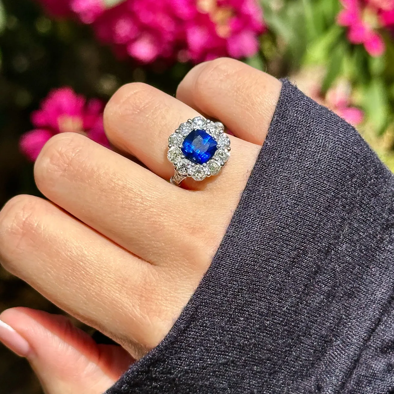 Edwardian Style Sapphire Diamond Cluster Ring 2.42ct Natural Sapphire