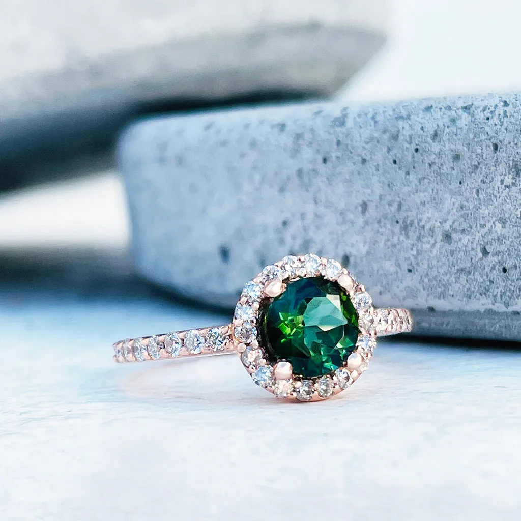 Elegance Defined Round Green Tourmaline and Diamond Halo Ring