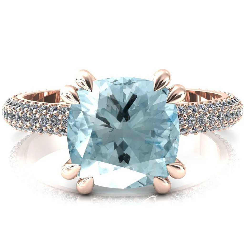 Elley Cushion Aqua Blue Spinel 4 Claw Prong Diamond Accent Engagement Ring