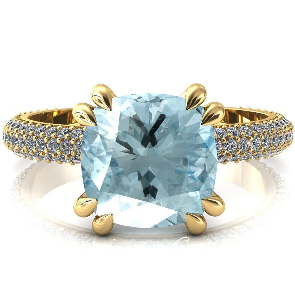 Elley Cushion Aqua Blue Spinel 4 Claw Prong Diamond Accent Engagement Ring